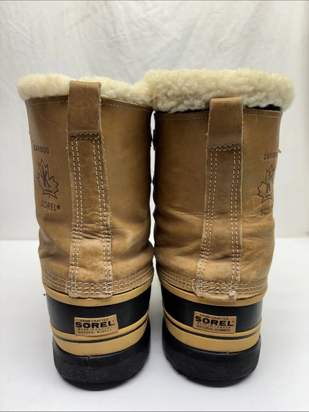 Sorel Caribou Shearling-Lined Waterproof Duck Boots in Tan & Black, SZ 13